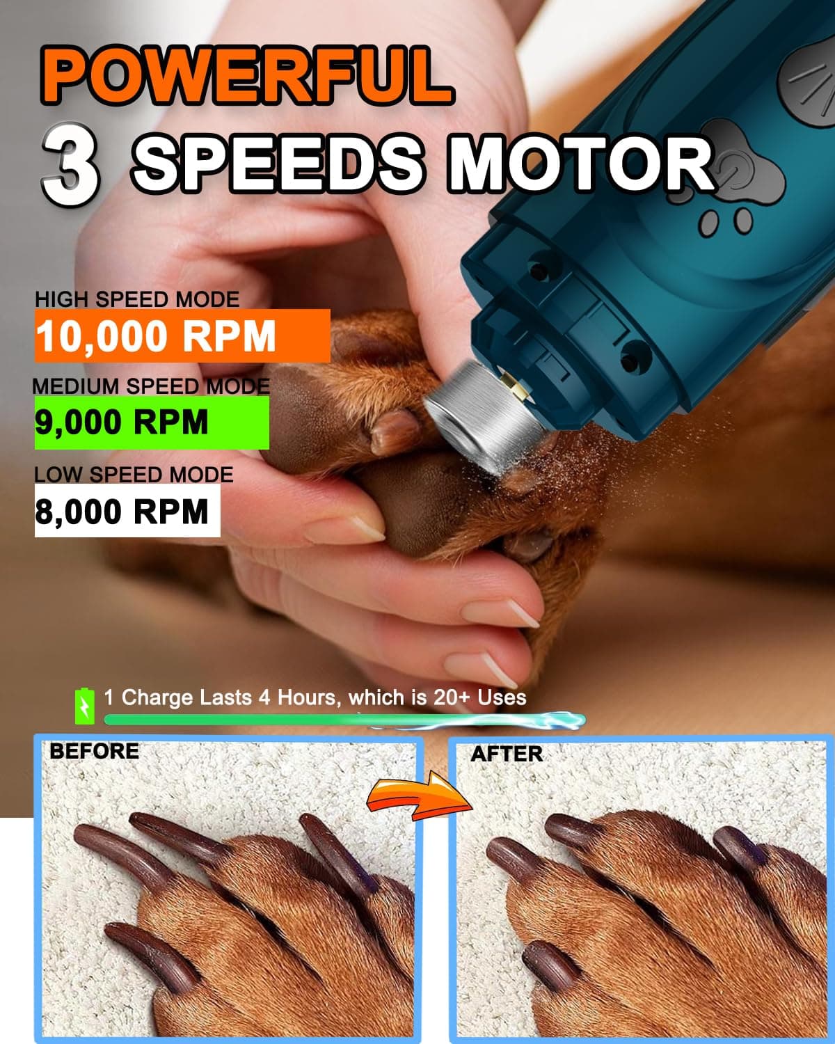 YABIFE Dog Nail Trimmers and Dog Nail Clippers Kit, Whisper Quiet Electric Grinder with Light, for Small, Medium, Large Dogs, Cats Toenail Grooming, 3 Speeds - image 4