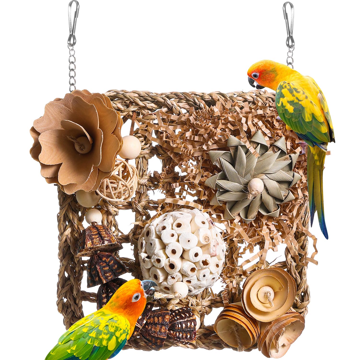 Bird Foraging Wall Toy, Seagrass Woven Climbing Hammock Mat with Chewing Toys,Parrot Shredding Hanging Toys for Cockatiel Lovebird Parakeet Budgie Small-Medium Birds (Small)