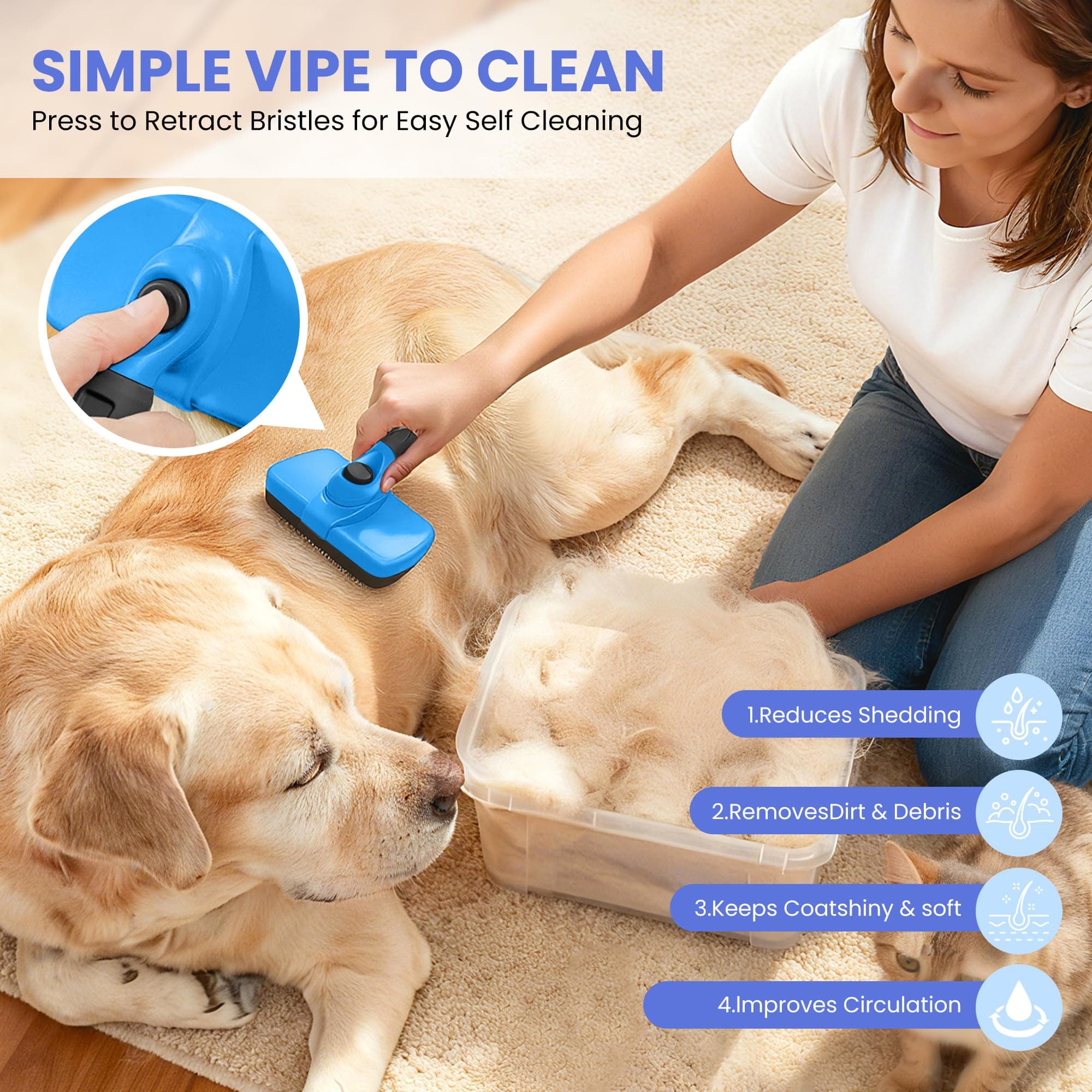 Self Cleaning Shedding Brush - 5-in-1 Professional Pet Grooming Kit Skin Friendly Grooming Tool for Dogs, Cats, and Puppies, Deshedding and Hair Removal for Long and Short Haired Pets, Blue - image 5