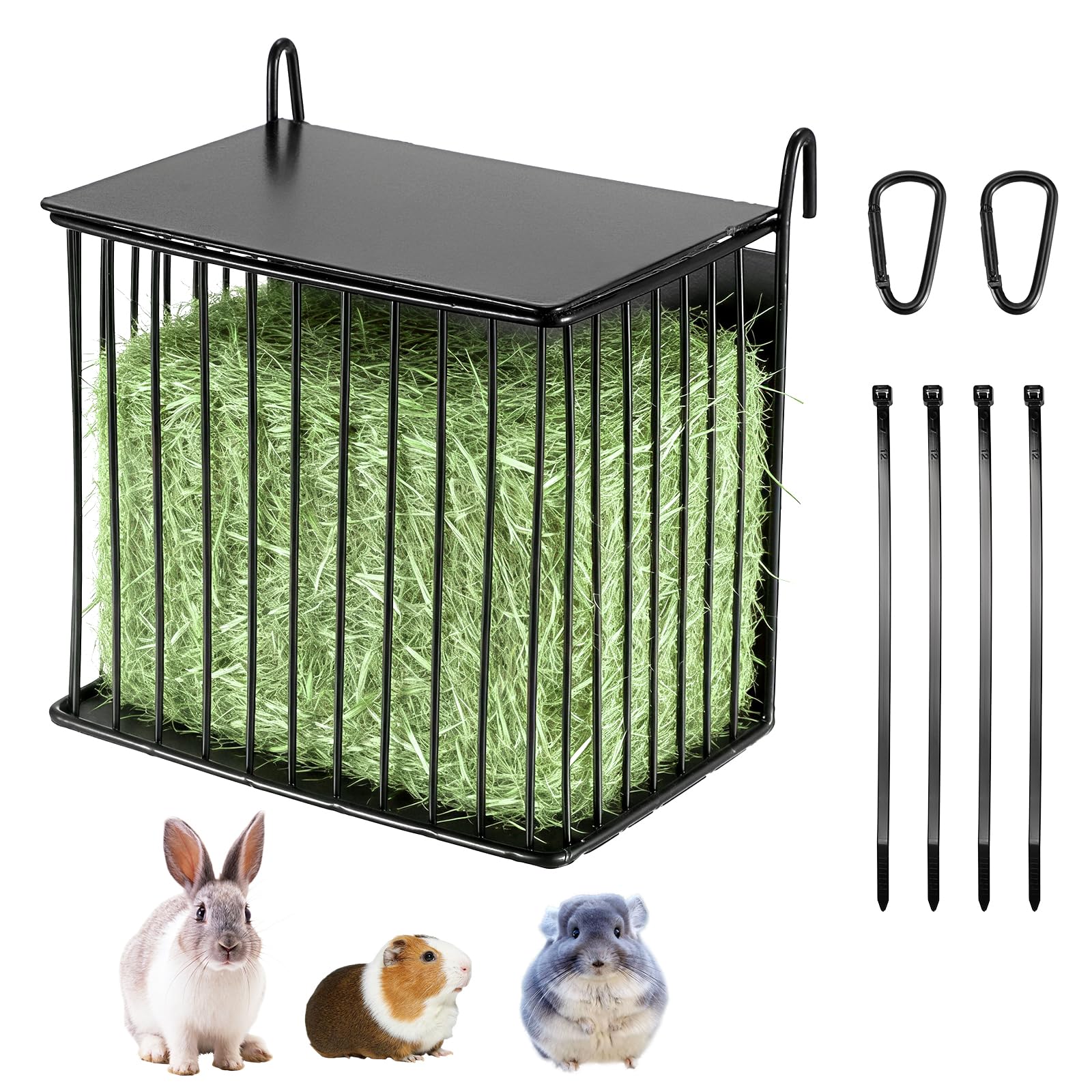 Upgraded Hay Rack for Rabbits, Bunny Feeder for Guinea Pigs Chinchillas, Black, Hanging Hay Feeder with Lid, Bunny Feeding Holder, Metal, Square, Chinchilla Cage Accessories