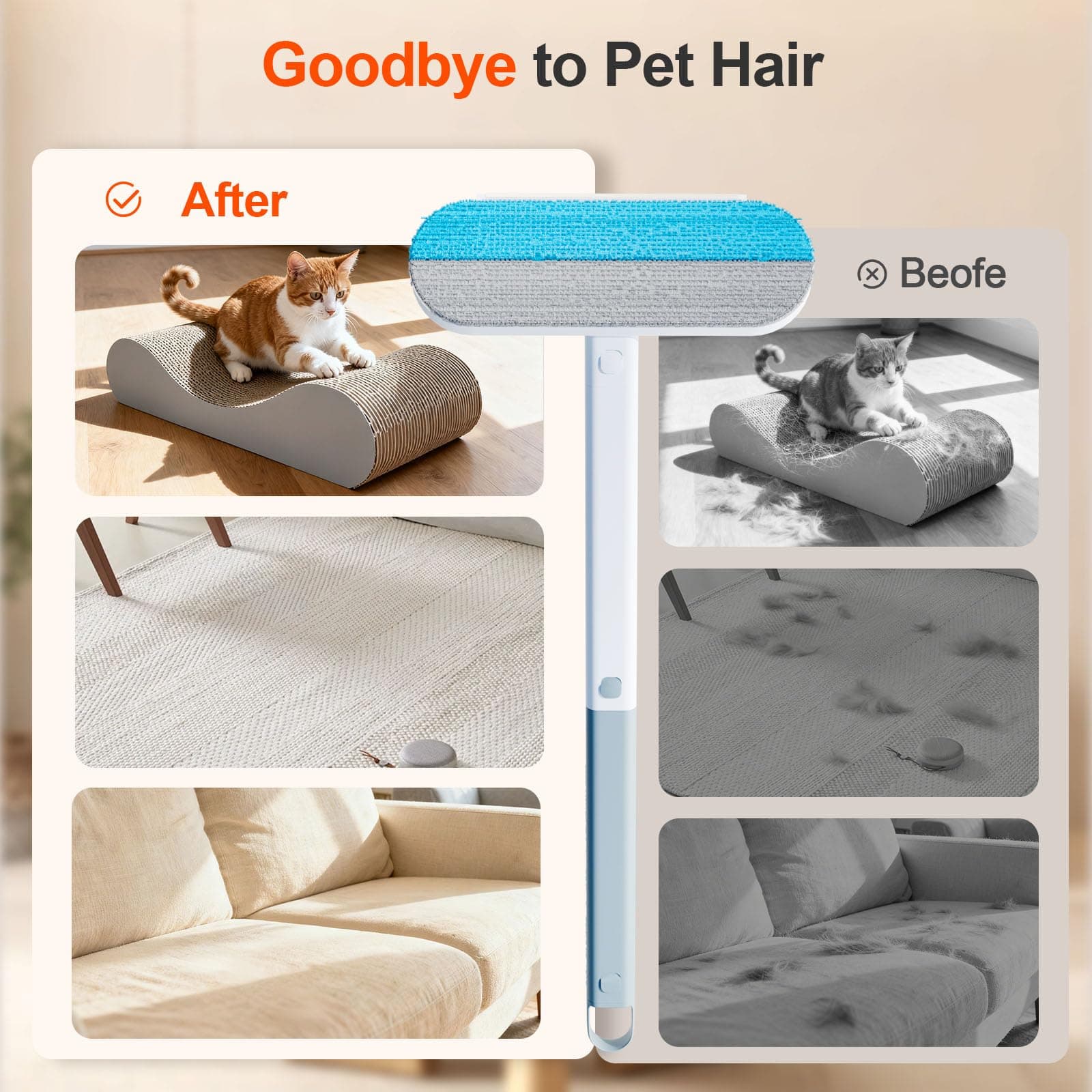 Pet Hair Removal Tool for Furniture, 3 in 1 Cat and Dog Hair Removal Tool, Suitable for Use on Furniture, Carpets, Clothing, and Bedding, Durable, Reusable, Washable, Grey, 1 Pcs - image 4