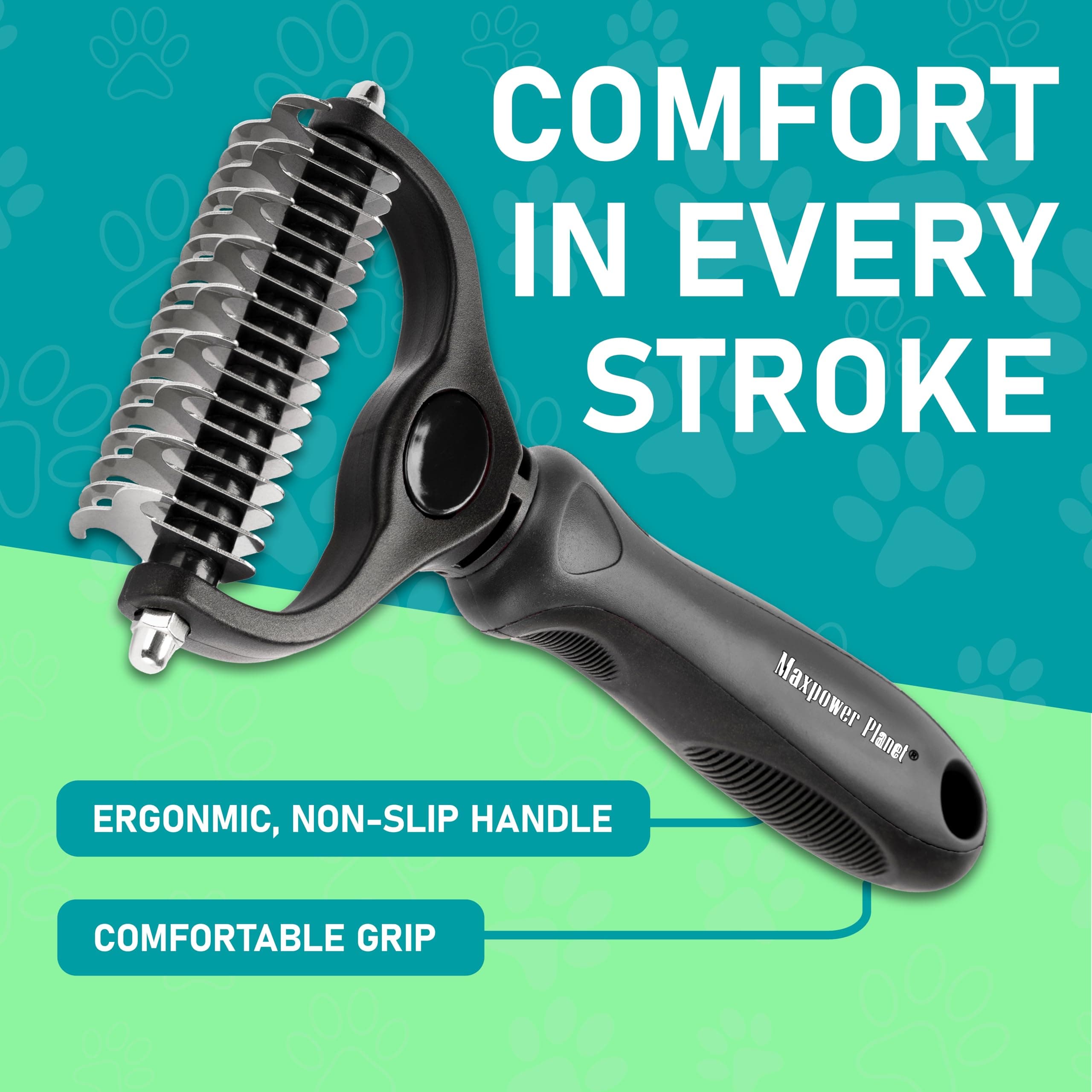Maxpower Planet Hair Brush - Double Sided Shedding, Dematting Undercoat Rake for Dogs and Cats, Extra Wide Dog Grooming Brush, Reduce Shedding by 95%, Black - image 8