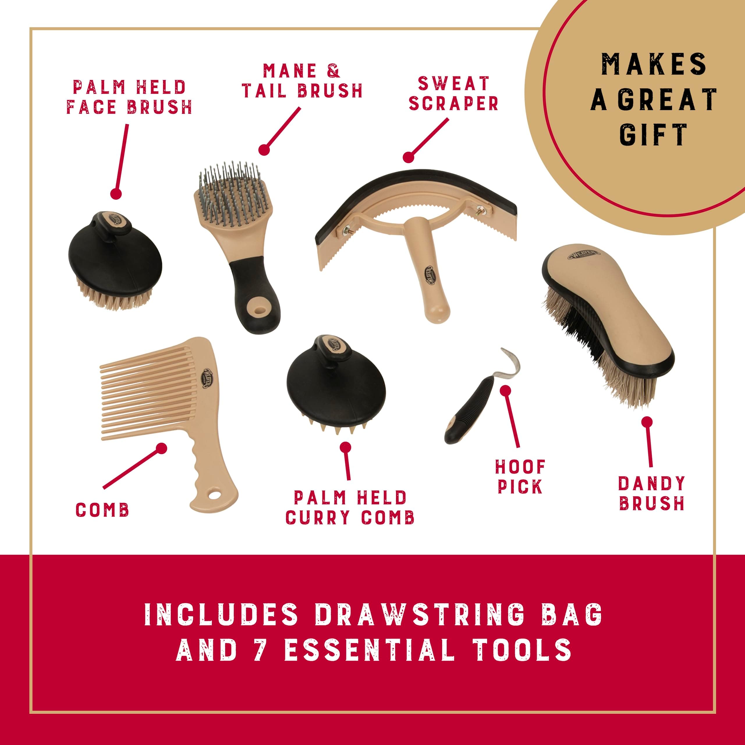 Weaver Equine Horse Grooming Kit, 7-Piece Horse Brush Set with Organizer Tote Bag, Hoof Pick, Comb, Sweat Scraper, Equine Tools for Daily Grooming, Insignia - image 4