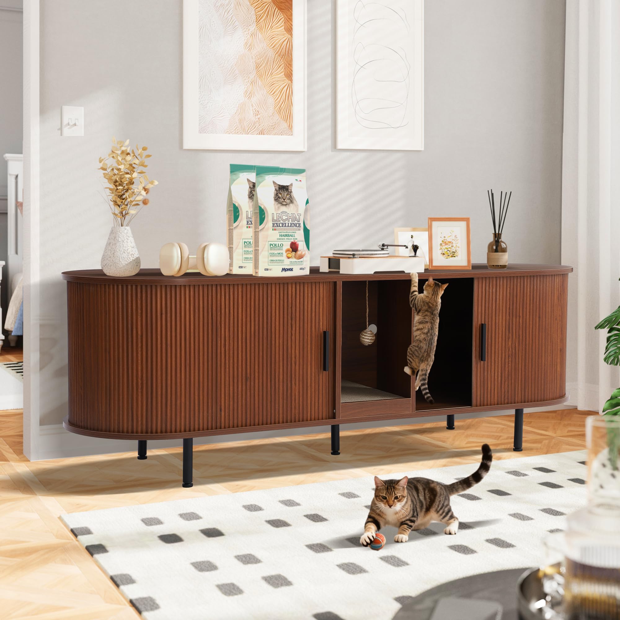 Grepatio 63" Litter Box Enclosure for 2 Cats, Double Hidden Litter Box Furniture, Fluted Litterbox Cabinet with Cat Scratch Pad and Ball, Wooden Indoor Cat House for Living Room (Brown, Full)