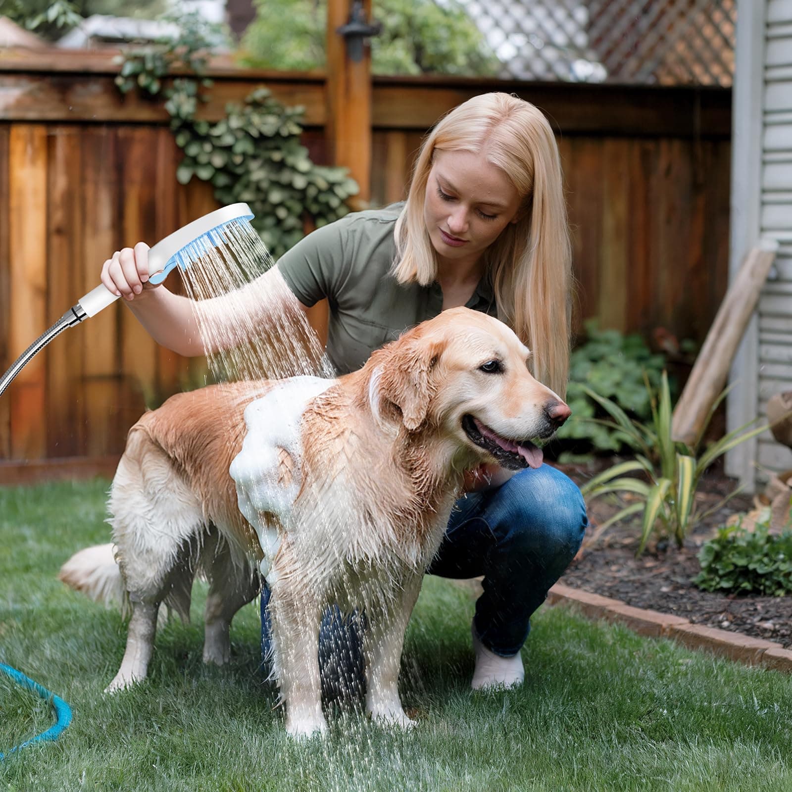 SR SUN RISE Dog Shower Attachment for Thick Haired Dogs, 4 Spray Mode Pet Bath Sprayer with Stainless Steel Diverter Valve & 6.5 Foot Hose, Indoor & Outdoor Dog Washing Grooming Supplies, Blue/White - image 7