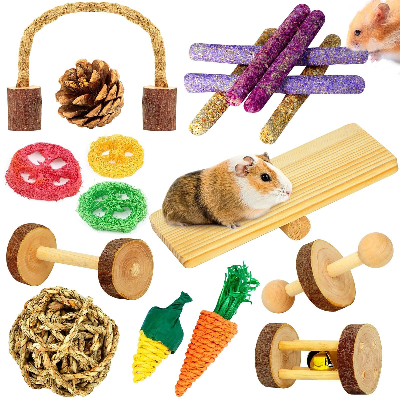 Hamster & Guinea Pig Toys - 18 Pcs Wooden Small Animal Chew Toys for Teeth - Rabbit, Chinchilla, Gerbils, Rats Exercise Accessories