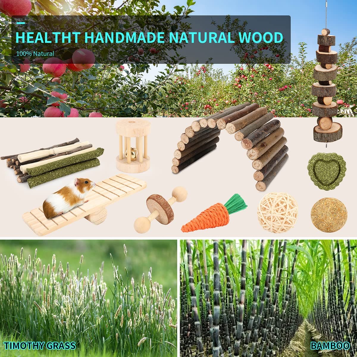 Hamster Cage Accessories, 12 Different Chew Toys for Guinea Pig, Chinchillas, Gerbils, Mice, Rats, Mouse, Rabbit, Bunny Hideout Seesaw, Natural Molar Tools - image 6