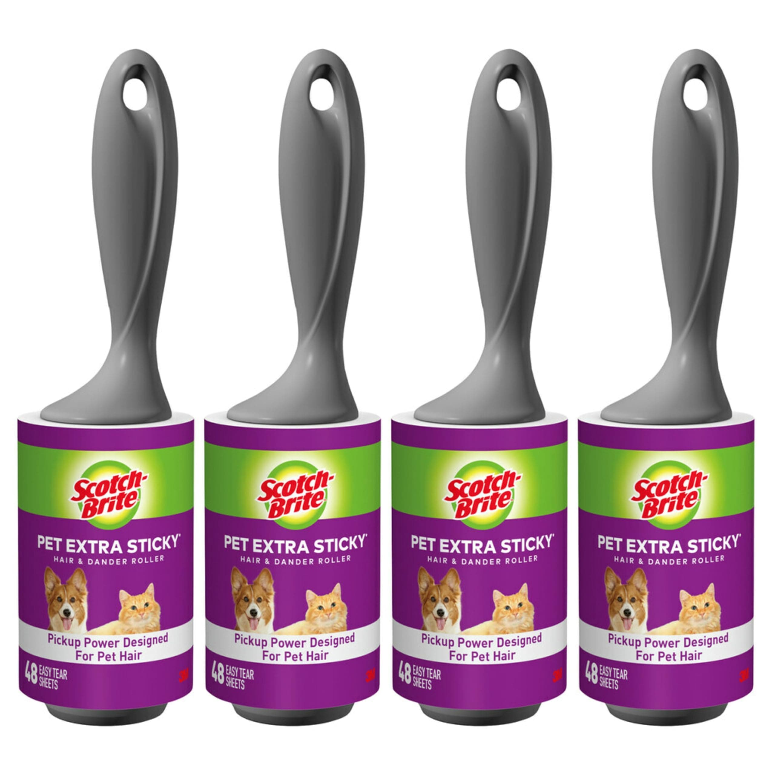 Scotch-Brite Pet Hair Pickup Extra Sticky Lint Roller, Designed for Removing Fur + Fluff on Couches, Clothes, Dog and Cat Beds, & More, 4 Pack, 192 Easy-Tear Adhesive Sheets Total