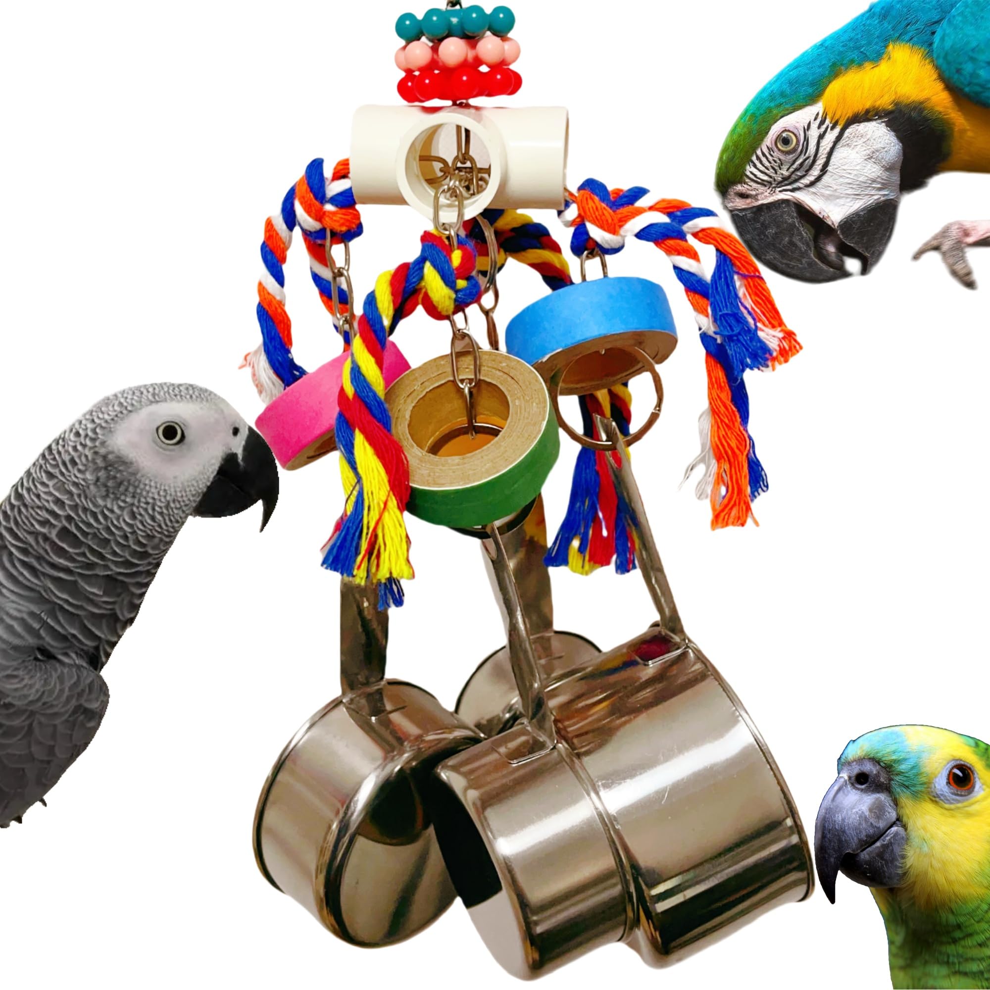 Durable Stainless Steel Pot Bagel Bird Toys for Parrots Cardboard Fatty Bagel Chewing Foraging Shredding for Medium and Large Parrot Amazons Macaws African Greys Cockatoos Eclectus Guaker Chicken