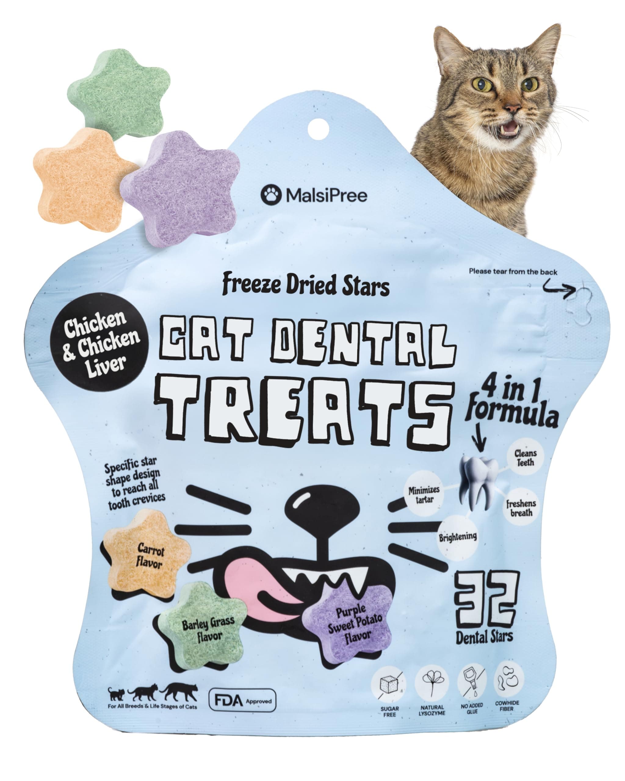 MalsiPree Cat Dental Treats, 32-Count - Freeze Dried Chews for Fresh Breath & Tartar Control - Star Shape Snack for Cats - Chicken Base Chews Healthy Snack for Kitten Gift