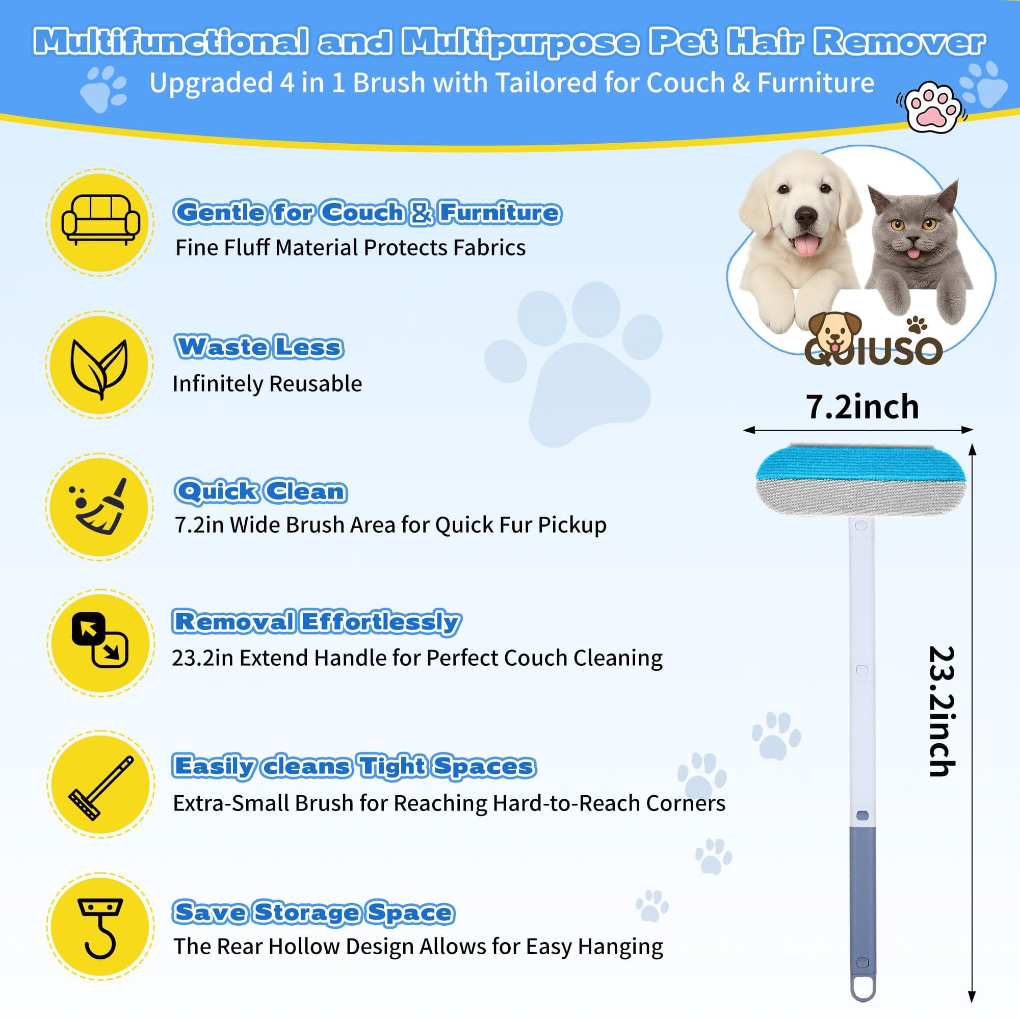 Pet Hair Remover for Furniture – 23.2Inch Reusable Dog & Cat Hair Removal Brush, Washable Lint Cleaner with Long Handle, 4-in-1 Pet Hair Remover for Couch, Carpet, Clothes & Bedding - image 4
