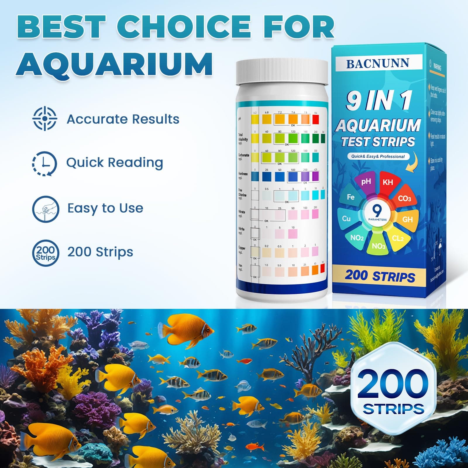 Aquarium Test Strips: 200CT 9 in 1 Quick & Accurate Fish Tank Water Testing Kit for Freshwater Pond Testing Nitrate Nitrite Hardness Free Chlorine pH Carbonate Total Alkalinity Copper Iron - image 3