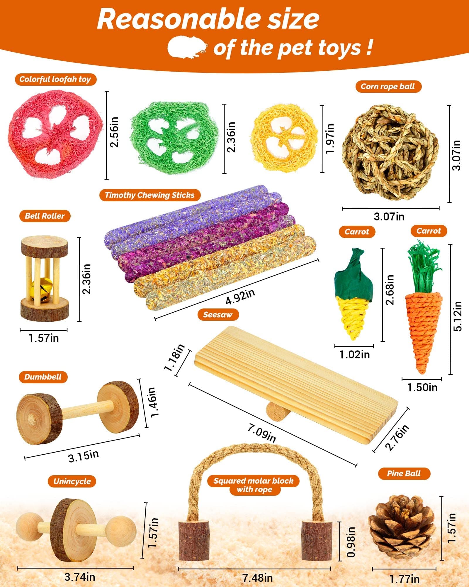 Hamster & Guinea Pig Toys - 18 Pcs Wooden Small Animal Chew Toys for Teeth - Rabbit, Chinchilla, Gerbils, Rats Exercise Accessories - image 2