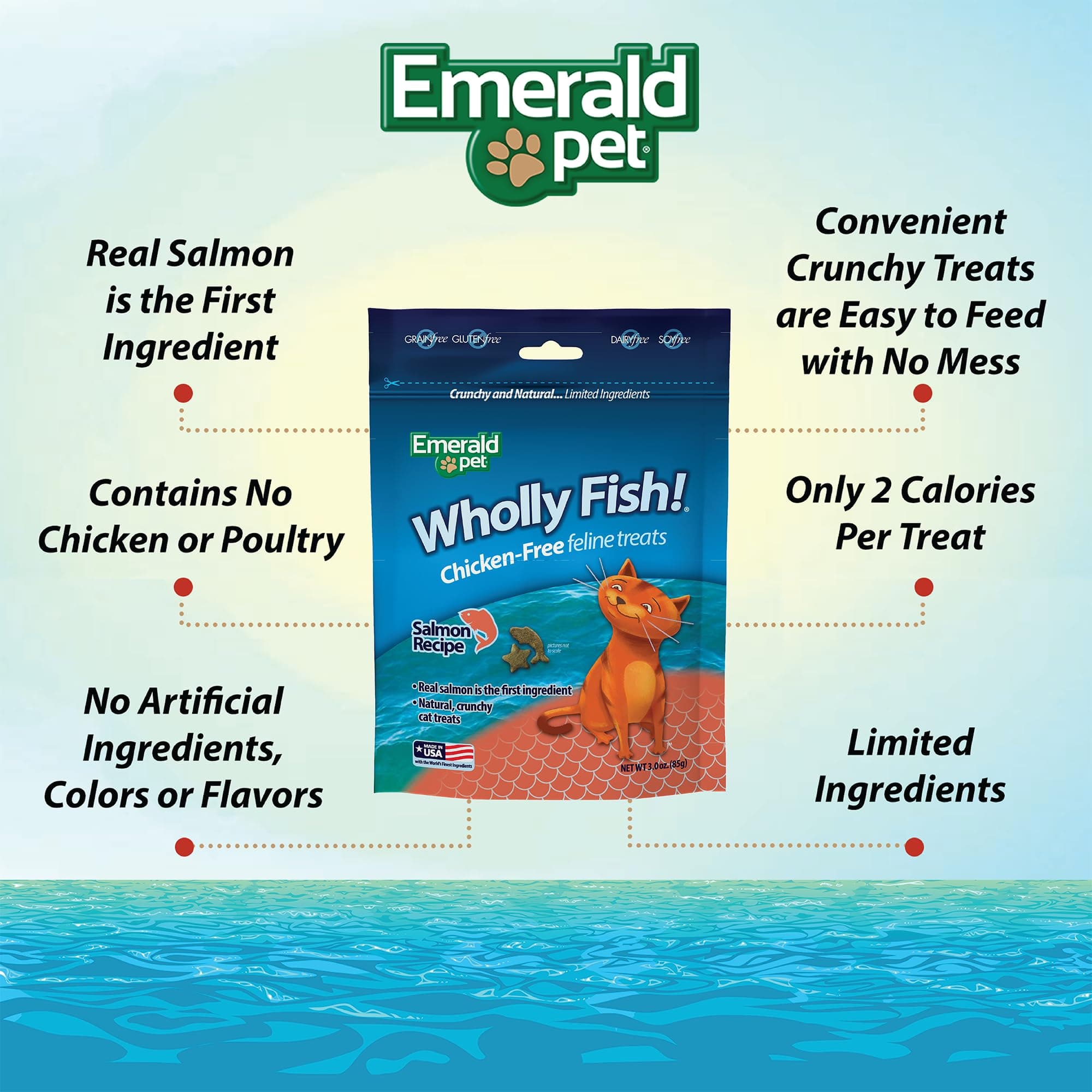 Emerald Pet Wholly Fish! Chicken-Free Feline Treats, Salmon Recipe — Tasty and Crunchy Salmon Cat Treats — Chicken-Free, Grain Free, Natural Cat Treats — Made in USA, 3 oz - image 3