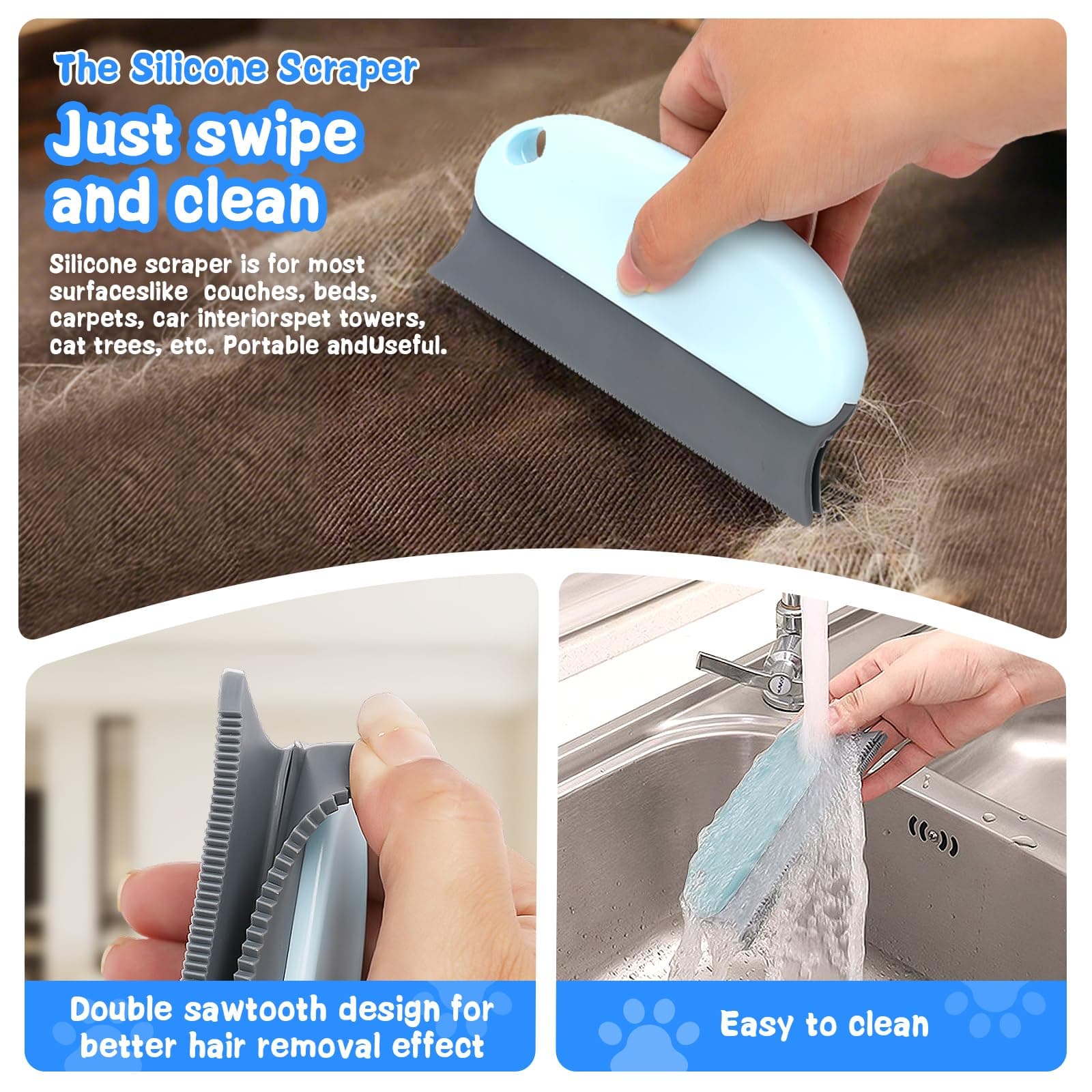 Pet Hair Removal Tool: 6 Pcs Dog Cat Hair Remover - Reusable Pet Hair Remover with Laundry Pet Hair Catcher - Portable Carpet Rake Scraper Fur Removal Tool for Rugs Car Mats Couch Furniture - image 4