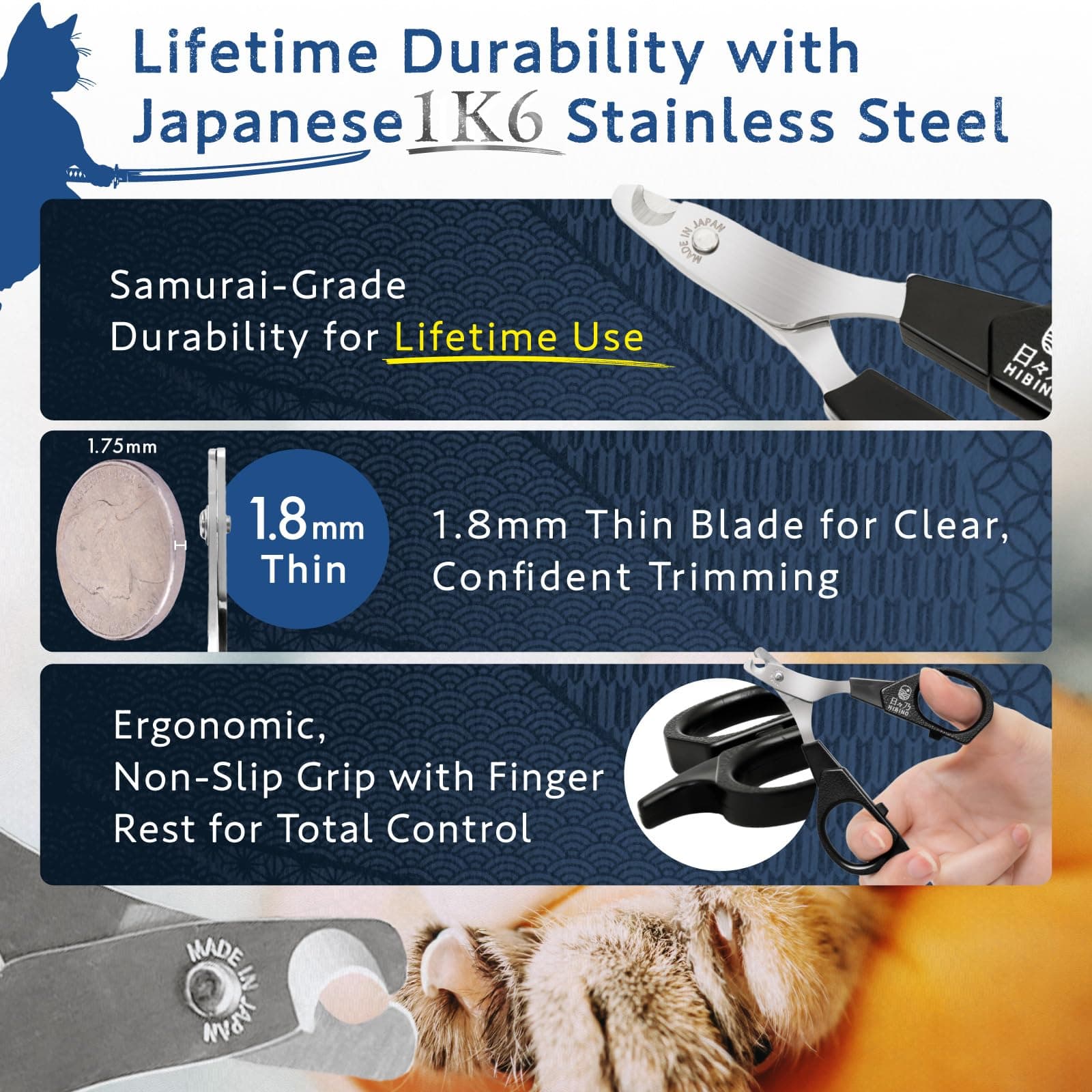 HIBINO Samurai-Grade Cat Nail Clippers | Vet Recommended | Sharper, Quieter & Safer | Precision Blade for Stress-Free Grooming | Non-Slip Grip | Lifetime Durability | Made in Japan - image 3