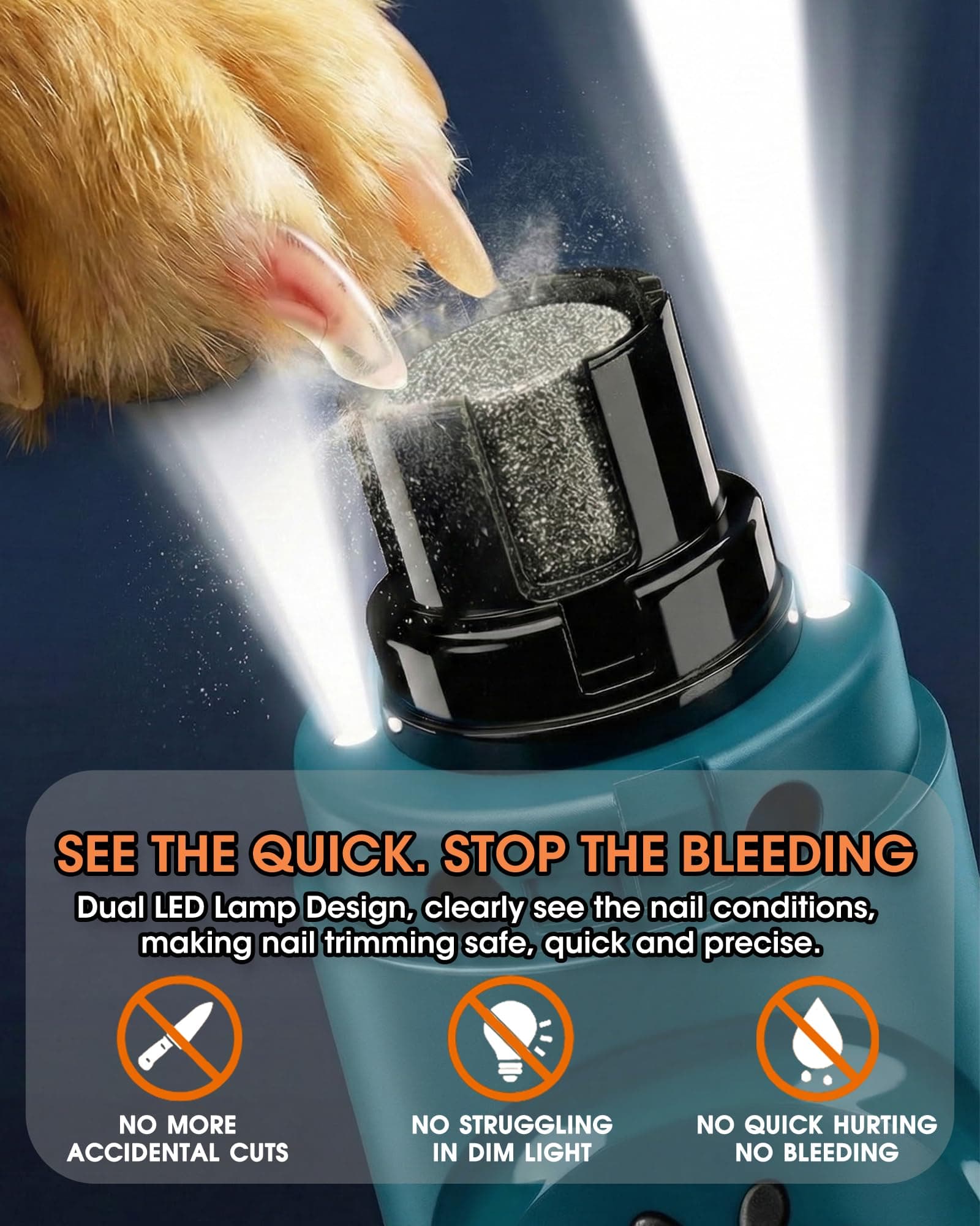 YABIFE Dog Nail Trimmers and Dog Nail Clippers Kit, Whisper Quiet Electric Grinder with Light, for Small, Medium, Large Dogs, Cats Toenail Grooming, 3 Speeds - image 3