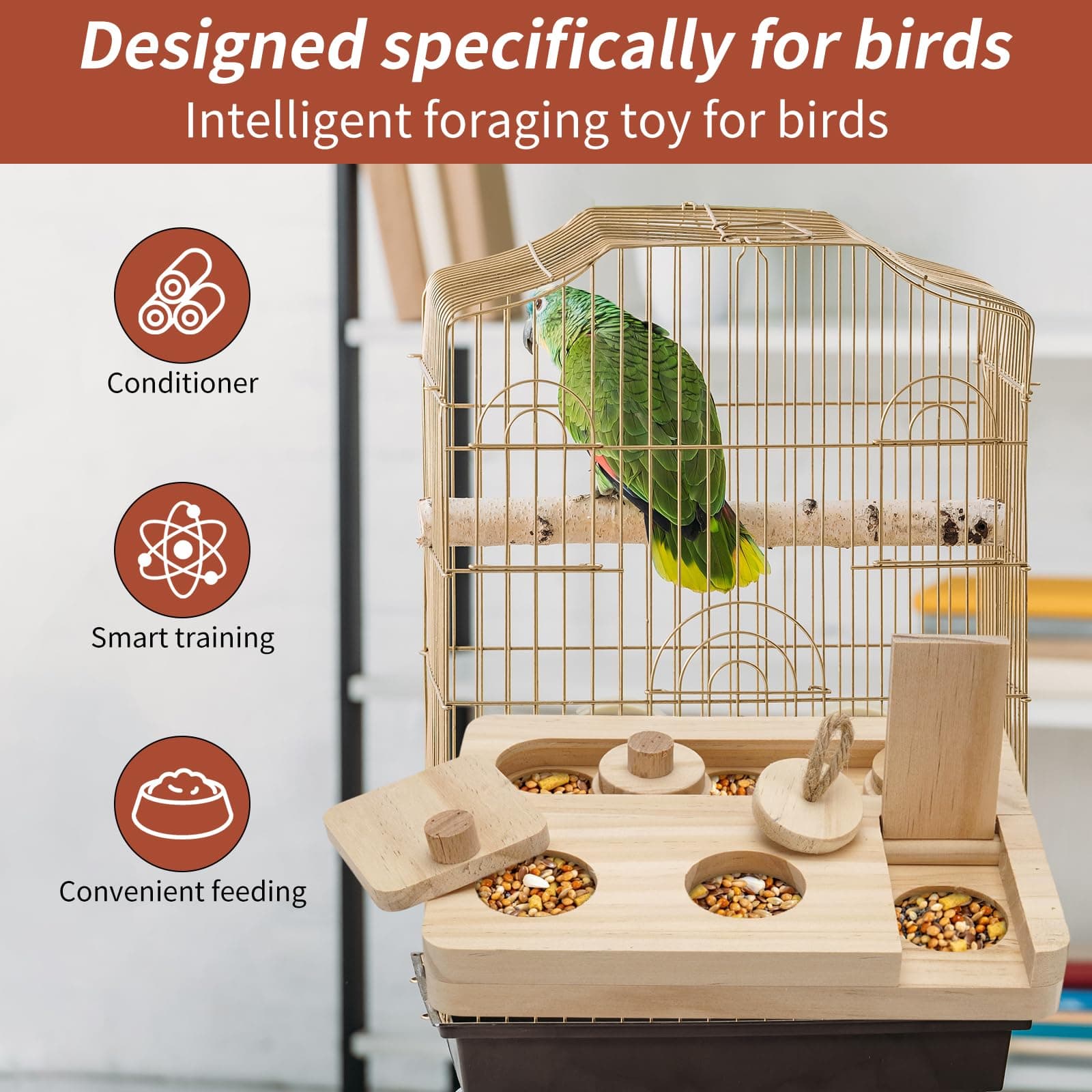 Wooden Bird Foraging Puzzle Toys for Small Parrots, Foraging Toys for Birds, Interactive Mental Enrichment and Seed Feeder Toy for Budgies, Parrotlets, Cage Foraging Training Toy (7.2" x 5.4" x 1.3") - image 5