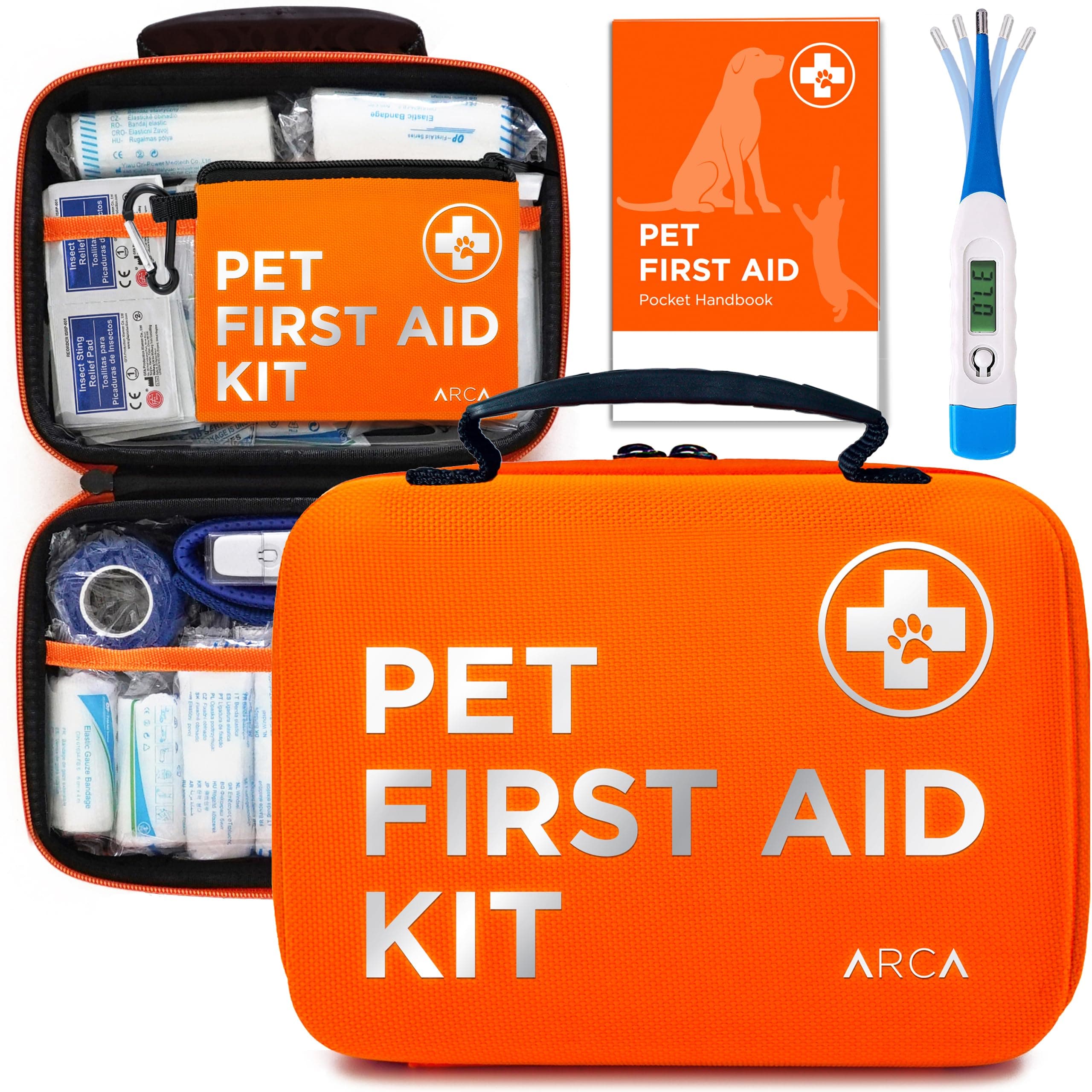 Cat & Dog First Aid Kit for Car - Pet Emergency Kit for Home Office Travel – Dog Camping Essentials with Digital Thermometer, Muzzle & Mini First Aid Pouch