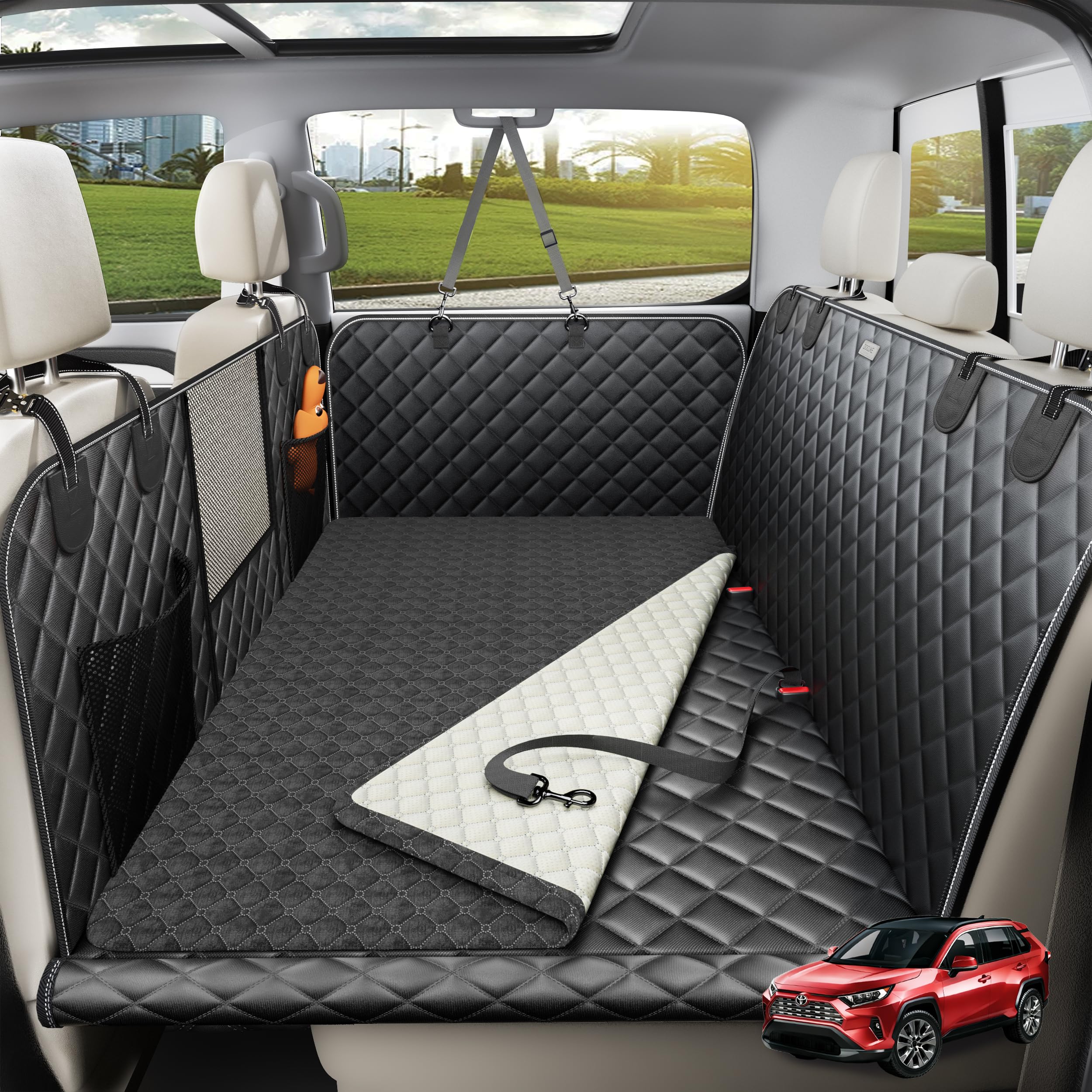 Doglike Dog Car Seat Cover for Back Seat [with Detachable Mat], Hard Bottom Dog Hammock for Car, Pet Bed Extender for 2-4 Large Dogs, Waterproof Seat Protector, L Size Fits for SUV Medium Truck, BK