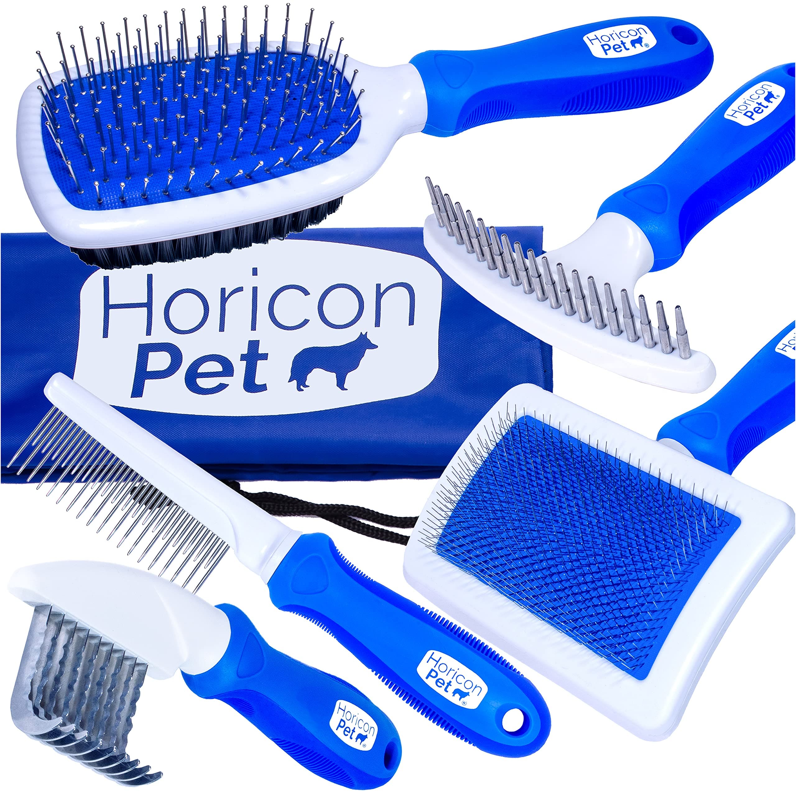 6 In 1 Premium Dog Brush Set - Dog Grooming Brushes - Ball Pin & Bristle Brush, Curved Blade Dematting Comb, Slicker Brush, Deshedding Edge Comb, Detangling Pet Comb