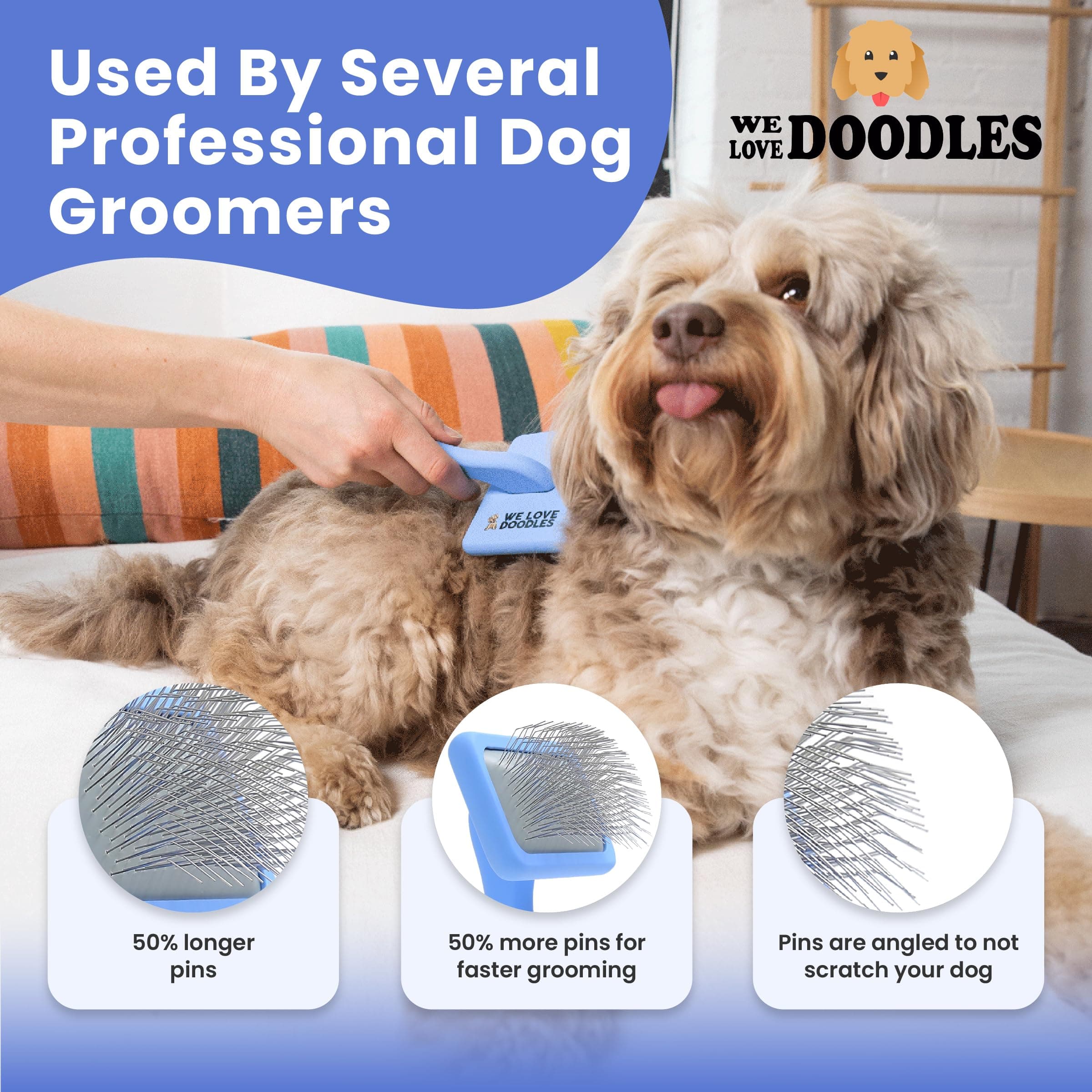 Slicker Brush for Dogs, Dog Grooming Supplies - Best Doodle & Poodle Brush for Long Haired Dogs - Goldendoodle Long Pin Detangler For Dematting (Large Curved) - image 5